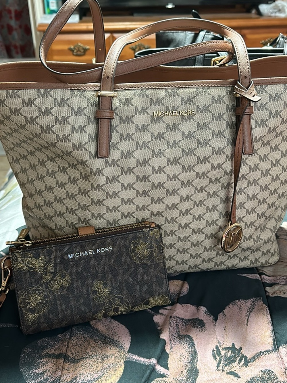 Michael Kors Beige and Brown Logo Tote with Matching Floral Wristlet